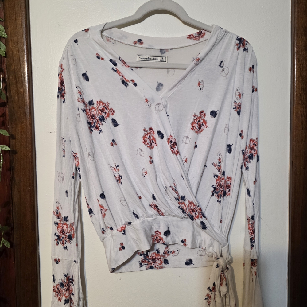 Abercrombie & Fitch Floral Wrap Blouse - White and Red
